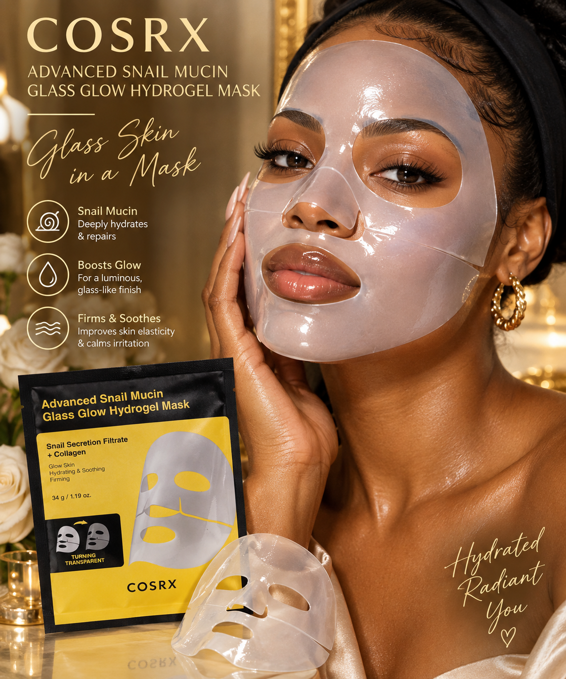COSRX Advanced Snail Mucin Glass Glow Hydrogel Single Sheet Mask.