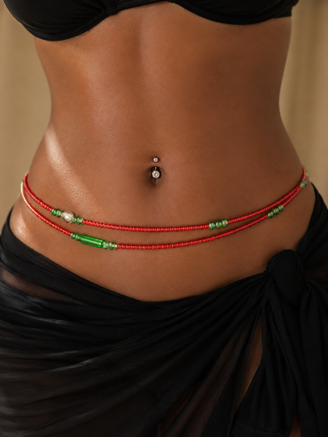 WB body jewelry tie-on waist beads red & green. One size.Fits up to 3XL.