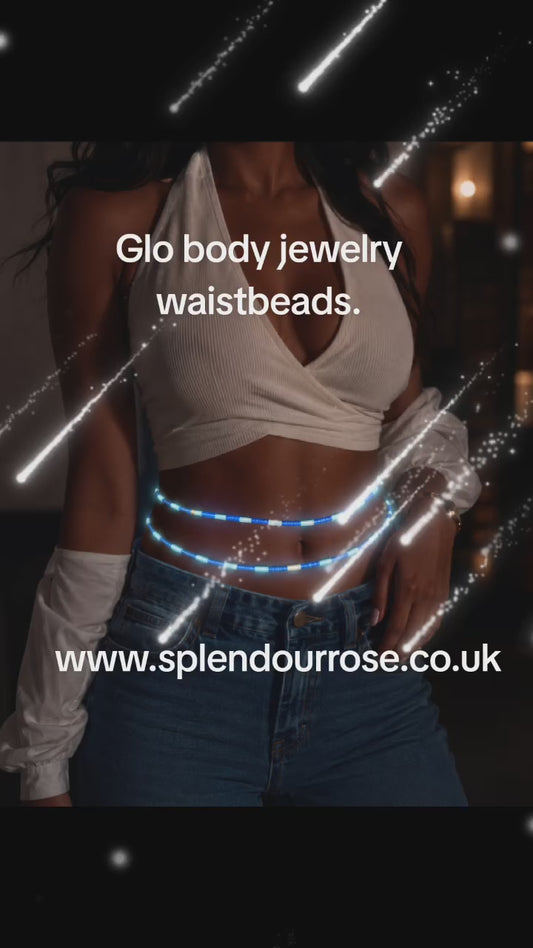WBGLOW in the dark body jewelry tie-on waist beads blue with white. One size.Fits up to 3XL.