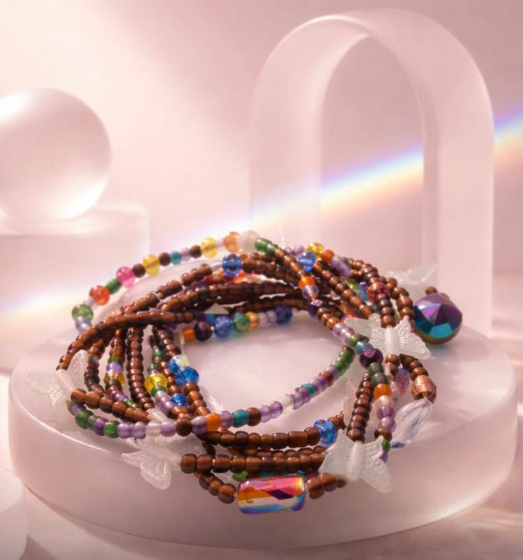 WBGLOW in the dark body jewelry tie-on waist beads brown with white Butterflies features. One size.Fits up to 3XL.
